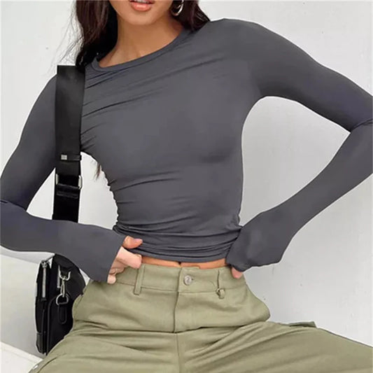 Women Long Sleeve T Shirt Spring Autumn Solid Slim