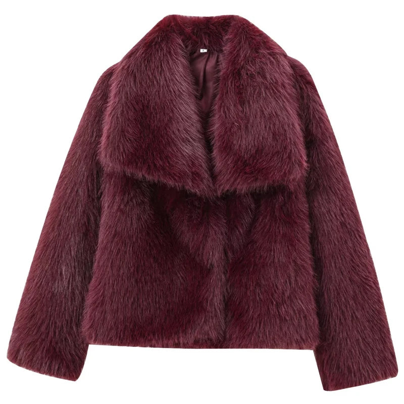 Women's Fur Coat Women Plush Burgundy Bomber Jacket