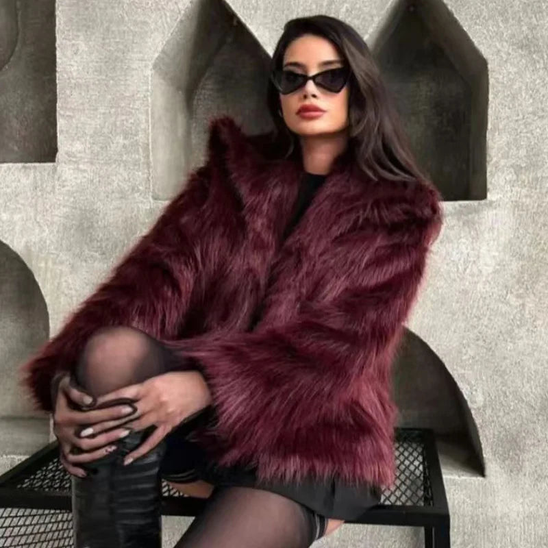 Women's Fur Coat Women Plush Burgundy Bomber Jacket