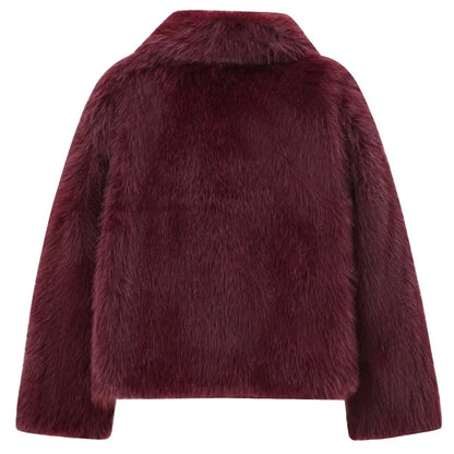 Women's Fur Coat Women Plush Burgundy Bomber Jacket