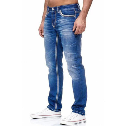 Men Jeans Solid Pockets Stretch Denim Straight Pant