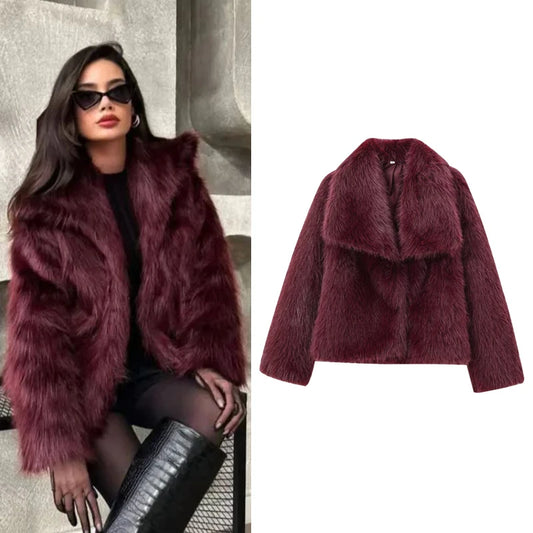 Women's Fur Coat Women Plush Burgundy Bomber Jacket