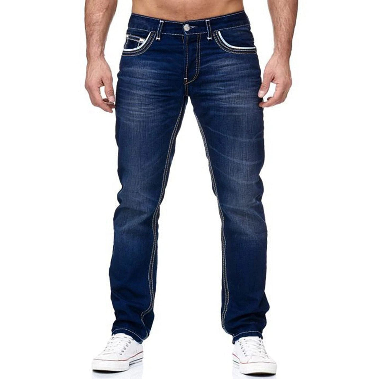 Men Jeans Solid Pockets Stretch Denim Straight Pant