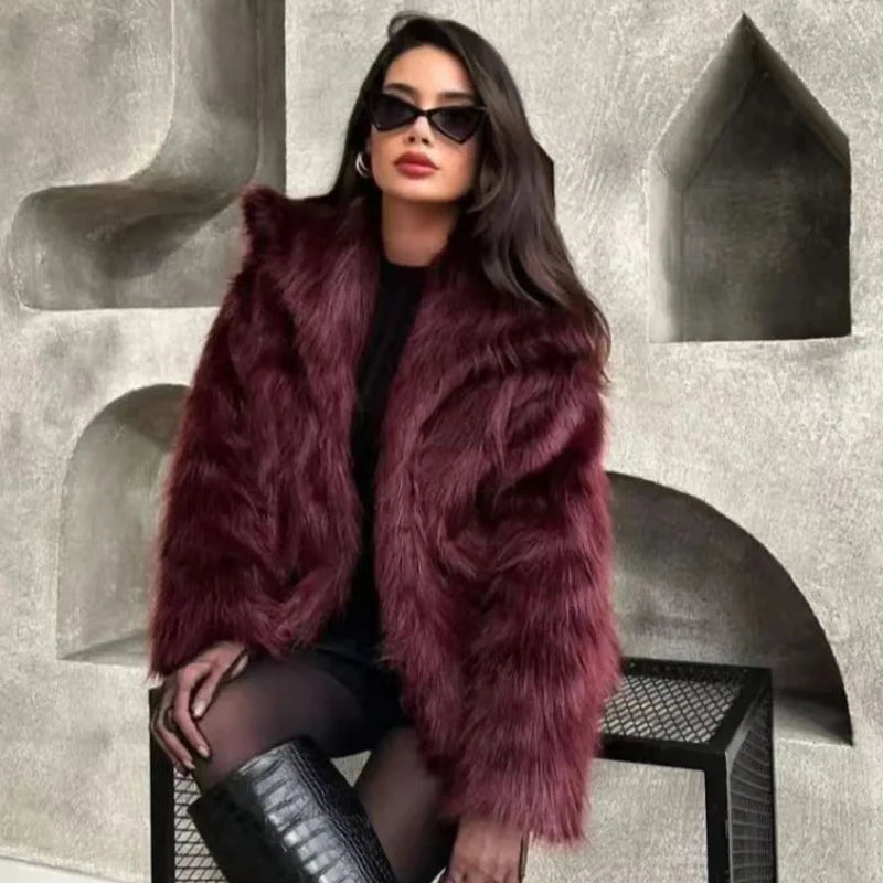 Women's Fur Coat Women Plush Burgundy Bomber Jacket