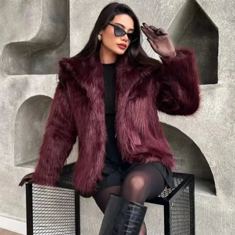 Women's Fur Coat Women Plush Burgundy Bomber Jacket