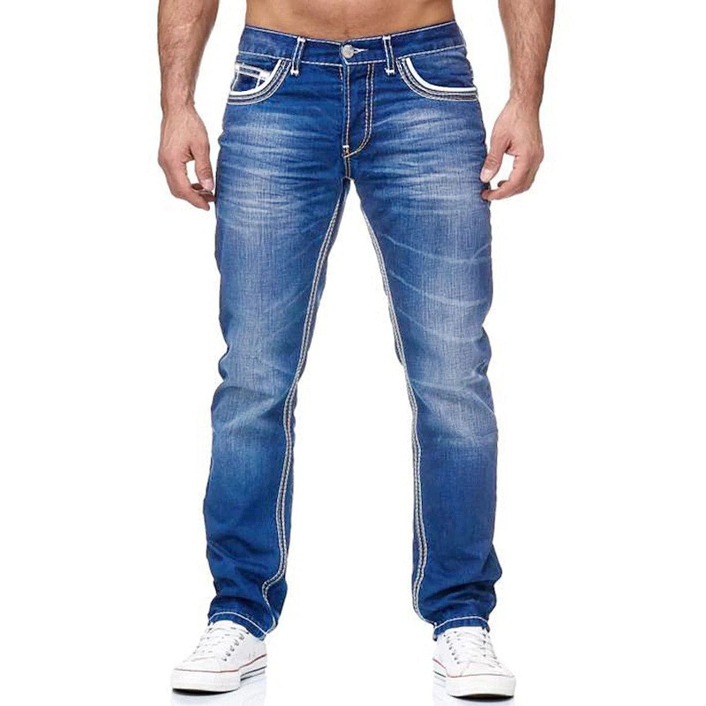 Men Jeans Solid Pockets Stretch Denim Straight Pant