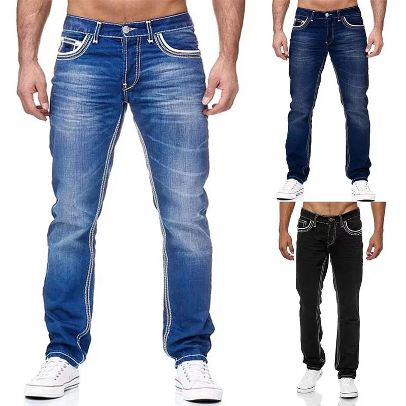 Men Jeans Solid Pockets Stretch Denim Straight Pant