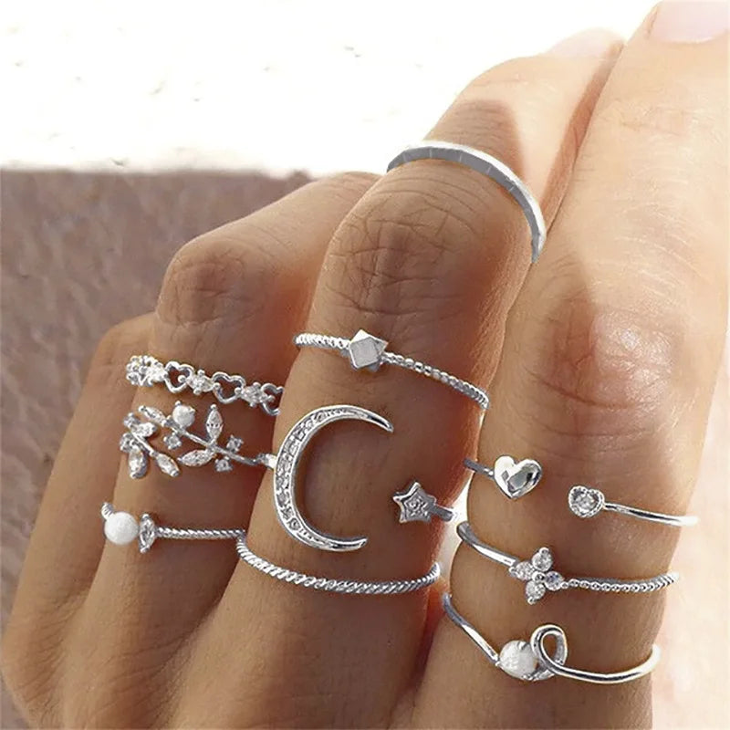 Silver Color Crystal Rings Set for Women